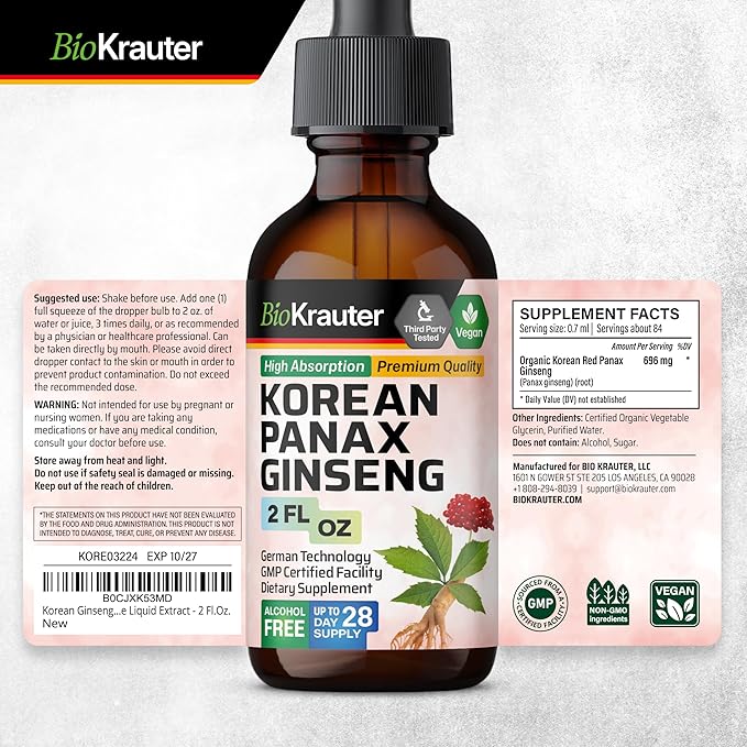 BIO KRAUTER Maca Root Ashwagandha Tincture 2 Fl. Oz. &amp Korean Panax Ginseng Tincture 2 Fl. Oz.