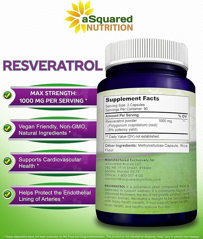 100% Natural Resveratrol - 1000mg Per Serving Max Strength (180 Capsules) Antioxidant Supplement Trans-Resveratrol Pills for Heart Health &amp Pure Polyphenols (Pack of 2)