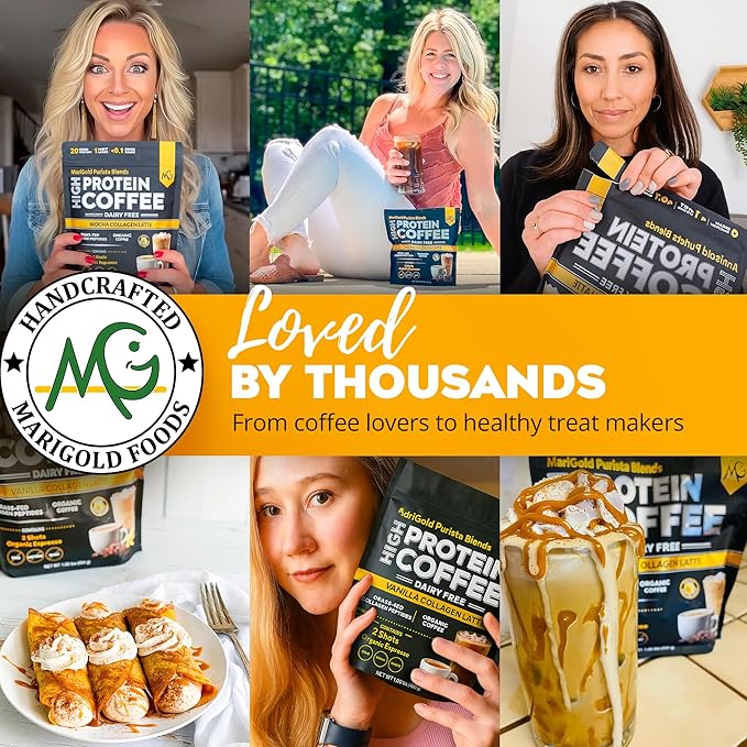MariGold High Protein Coffee - Iced Vanilla Latte 20g Grass-Fed Whey Protein Isolate Energy &amp Workout Boost 2 Shots Organic Espresso Non-GMO 1 Net Carb 1 Lb Bag 15 Servings