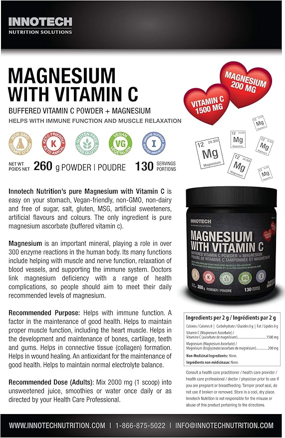 INNOTECH Nutrition Magnesium + 120 Capsules - Contains Magnesium Bisglycinate Zinc Gluconate &amp Vitamins K2 MK-7 - Maintain Proper Muscle &amp Immune Function