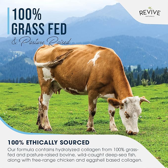Revive Naturals Multi Collagen Hydrolyzed Protein Powder (16oz) - Types I II III V &amp X - Grass Fed Bovine Wild Caught Marine Free Roaming Chicken &amp Eggshell Collagen Peptides