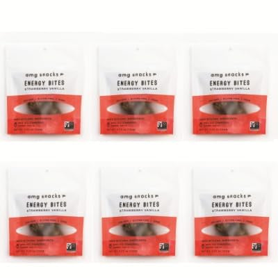 AMG Snacks Strawberry Vanilla Energy Bites | 4.3 oz Pack of 6 (72 Bites Total) | Date and Nut Energy Snacks Protein Bars | Non GMO Gluten Free Vegan Protein Bites | Made with All Natural Ingredient