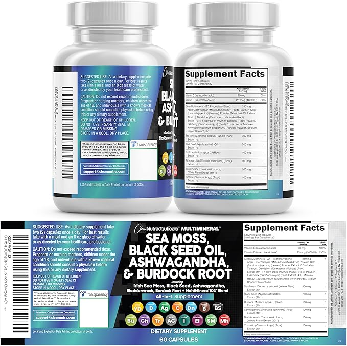 Clean Nutraceuticals Sea Moss Black Seed Oil Ashwagandha Turmeric Bladderwrack Burdock &amp Vitamin C Vitamin D3 with Elderberry Manuka Dandelion Yellow Dock Iodine Chlorophyll ACV