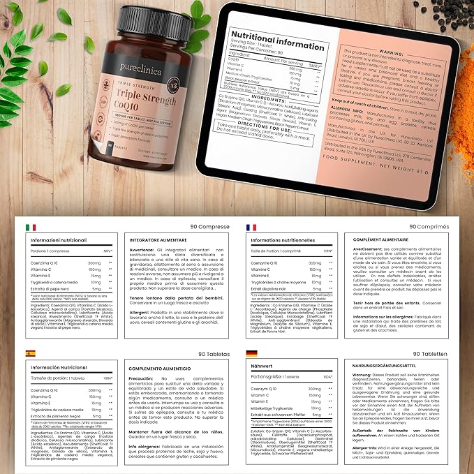pureclinica Fermented CoQ10 300mg x 180 Tablets (2 Bottles of 90 Tablets) - 6 Months Supply. Non GMO USP Grade. with Added Vitamin C &amp Black Pepper Extract for Absorption.