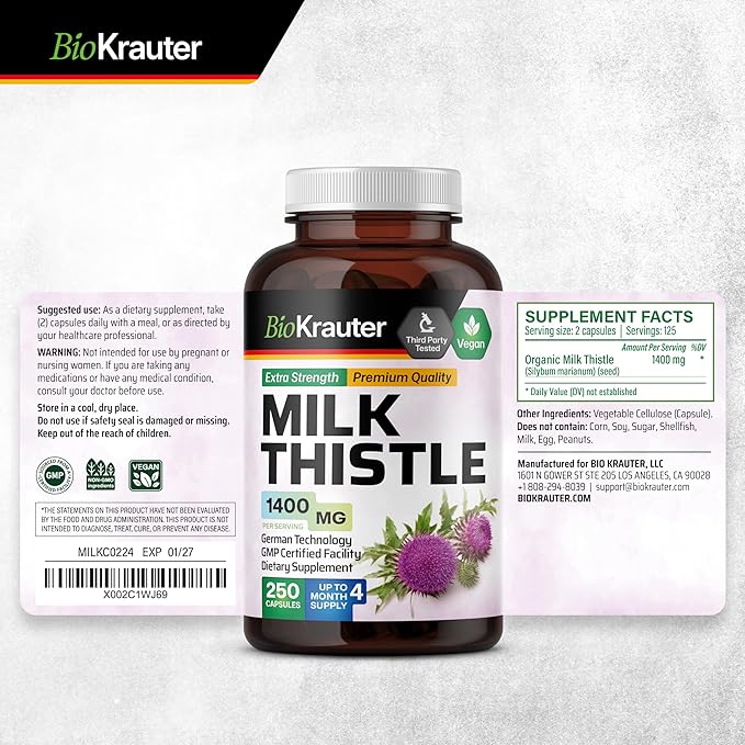 BIO KRAUTER Slippery Elm Tincture 4 Fl. Oz. &amp Milk Thistle 250 Capsules.