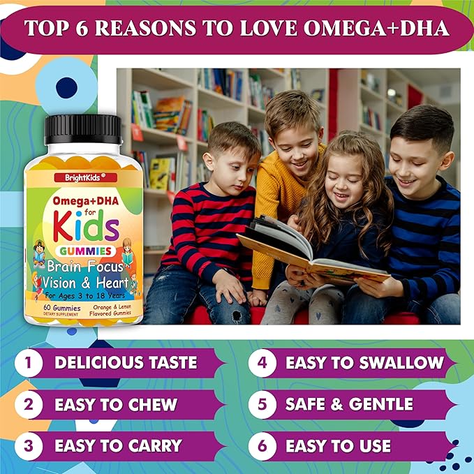 BrightKids Omega 3 Focus Gummies for Kids &amp Teens – Kids Focus and Attention Supplements for Memory &amp Learning – Focus Gummies for Teens Omega DHA Supplement Fruity Flavor (60 Gummies)