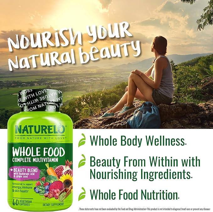 NATURELO Whole Food Multivitamin with Extra Hair Skin &amp Nails Support - Beauty Blend with Hyaluronic Acid &amp Grape Seed - High Potency Biotin Vitamin C &amp Glutathione 60 Vegan Capsules (