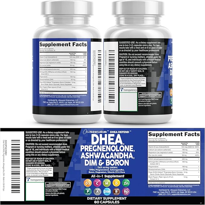 DHEA 200mg Supplement Pregnenolone 100mg for Men &amp Women with DIM Ashwagandha Boron 6mg Complex Calcium Magnesium Zinc 50mg Vitamin D3 5000 IU Hormone Support Capsules Pills Made in USA 60 Count