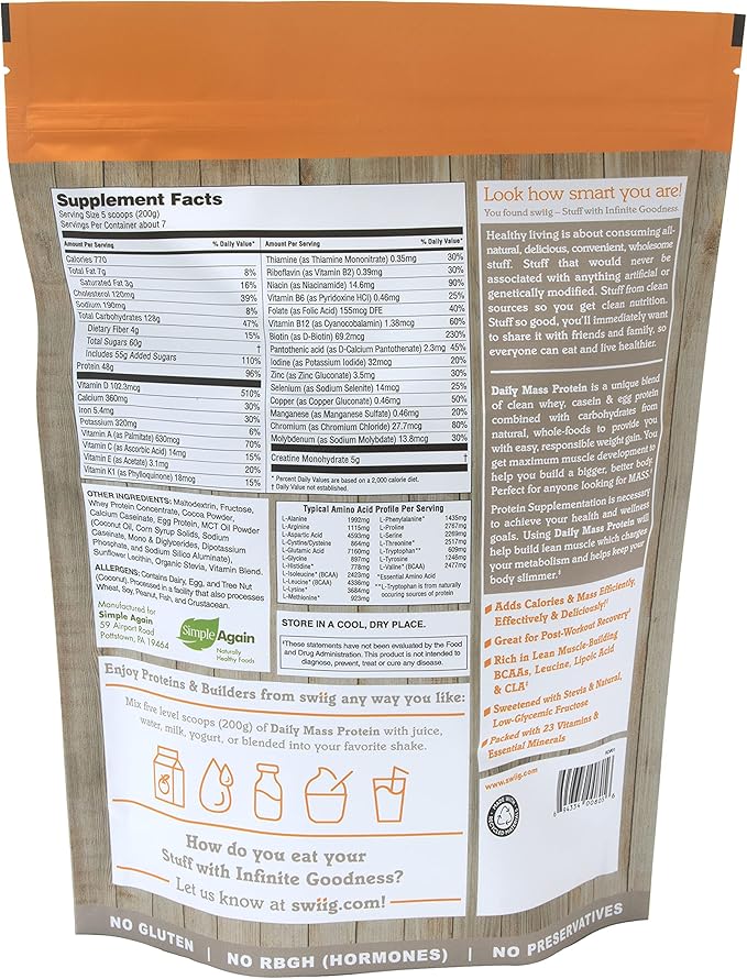 swiig Mass Builder Protein Powder Chocolate No GMO Ingredients No Artificial Flavors Colors or Sweeteners No Fillers 3.3 Pound Bag