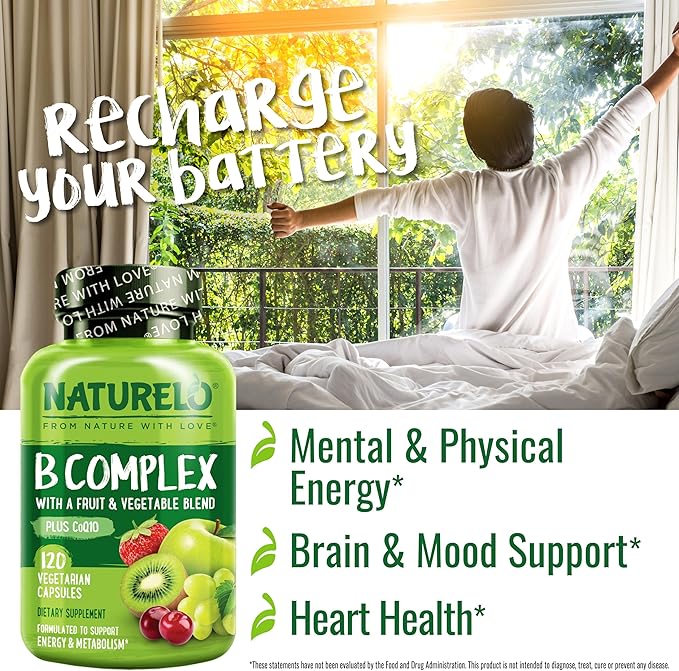 NATURELO Vitamin B Complex with Fruit &amp Vegetable Blend - 120 Capsules and Magnesium Glycinate Chelate Complex - 120 Capsules Bundle