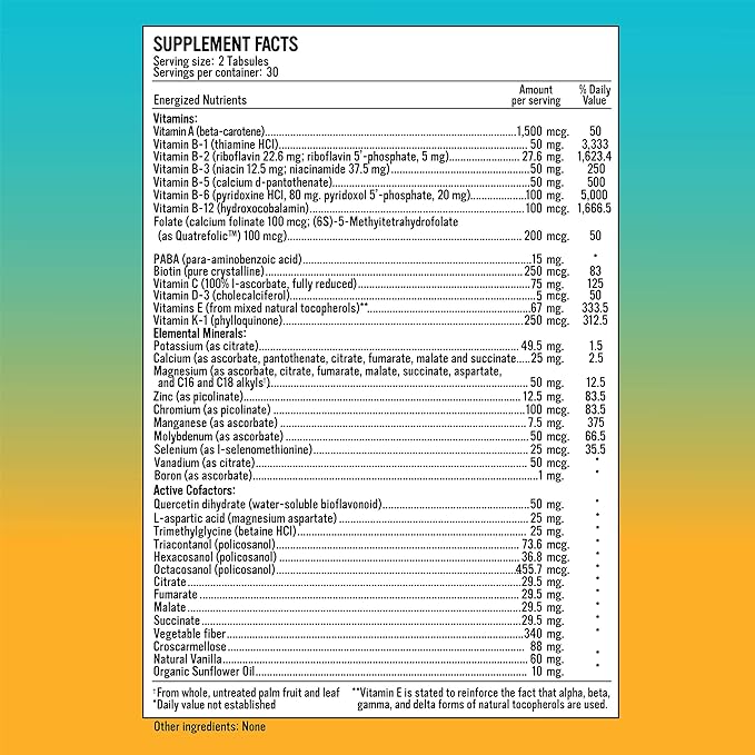 Energized Multi - Potent Multivitamin with 40 Fully Bioavailable Nutrients B Complex Vitamins Vitamin D Vitamin C Vitamin K Zinc Quercetin Calcium Magnesium in Alkalizing Forms - 60 tabs