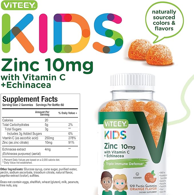 Viteey Zinc for Kids Gummies 10mg with Vitamin C &amp Echinacea - Immune Support Powerful Natural Antioxidant Kids Zinc Vitamin Supplement - Vegan Gelatin Free - Tasty Chewable Orange Flavor Gumm