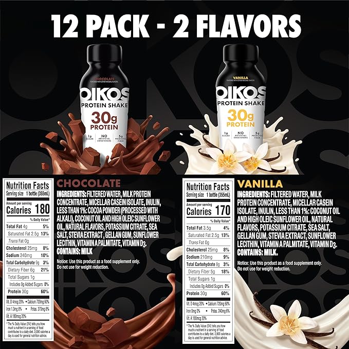 Oikos Protein Shake Exclusive Variety Pack 30g High Protein Drinks Shelf Stable Ready to Drink 5g Prebiotic Fiber 12 fl oz Bottle (8 ct Vanilla 4 ct Chocolate