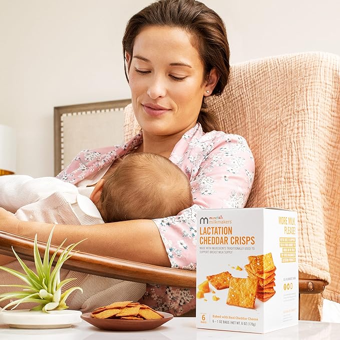 Munchkin® Milkmakers® Lactation Drink Mix Supplement with B Vitamin &amp Milk Thistle 14 Count and Lactation Cheddar Crisps for Breastfeeding Moms with Oats and Flax 6 Count