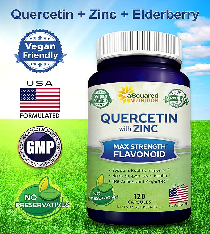 aSquared Nutrition Quercetin 1000mg with Zinc Supplement - 120 Capsules - Quercetin Dihydrate with Black Elderberry &amp Zinc - Max Strength Powder Complex Pills to Help Improve Immune Response