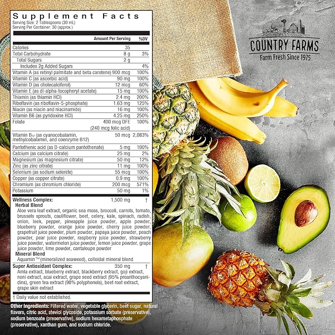 Country Farms Liquid Multivitamin Vitamins and Minerals for Immune Support and Energy Herbal Blend Vegan Multivitamin for Women and Men Gluten Free Tropical Fruit Flavor 32 fl oz