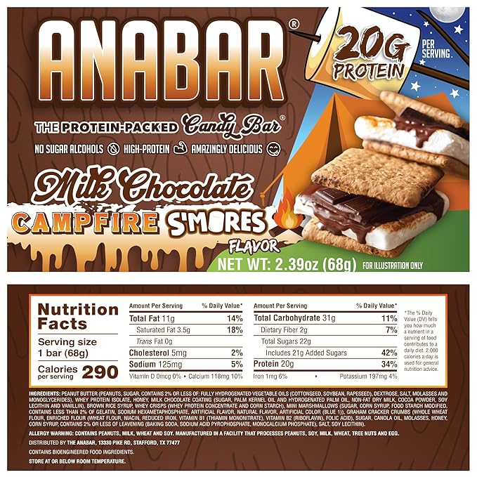 Anabar Protein Bar The Protein-Packed Candy Bar Amazing Tasting Protein Bar No Sugar Alcohols High Protein Amazingly Delicious 20 Grams of Protein (12 Bars Milk Chocolate Campfire S'mores)