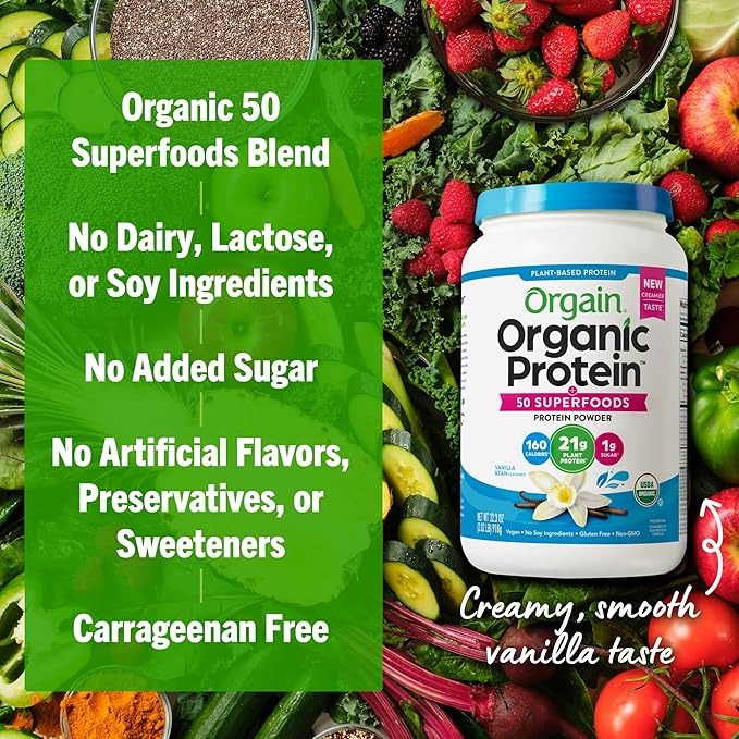 Orgain Organic Vegan Protein + 50 Superfoods Powder Vanilla Bean - 21g Plant Based Protein 8g Prebiotic Fiber No Lactose Ingredients Gluten Free No Added Sugar Non-GMO 2.02 lb