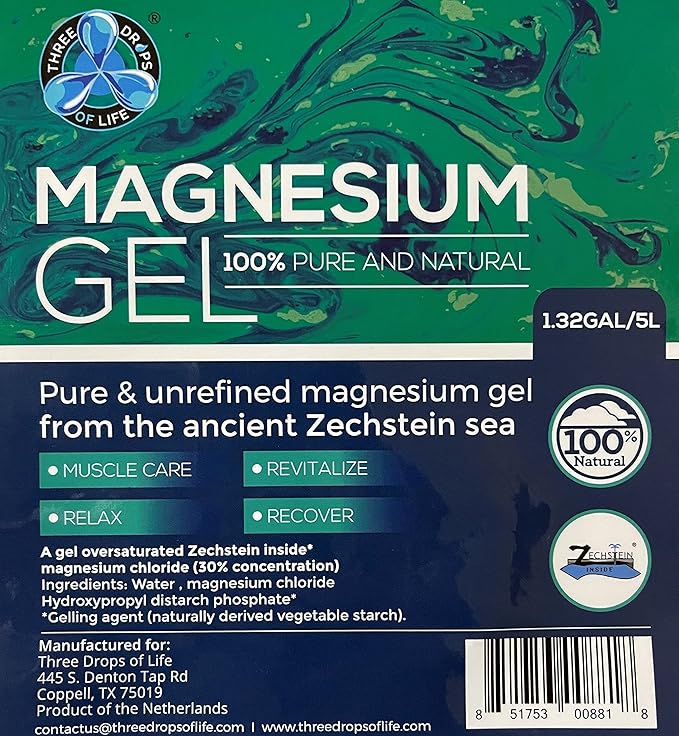Magnesium Gel Best Topical Magnesium Chloride Gel for Dermal Skin Absorption Direct from The Netherlands Zechstein Sea - Supports Skin and Muscle Recovery (1.32Gal/5L)