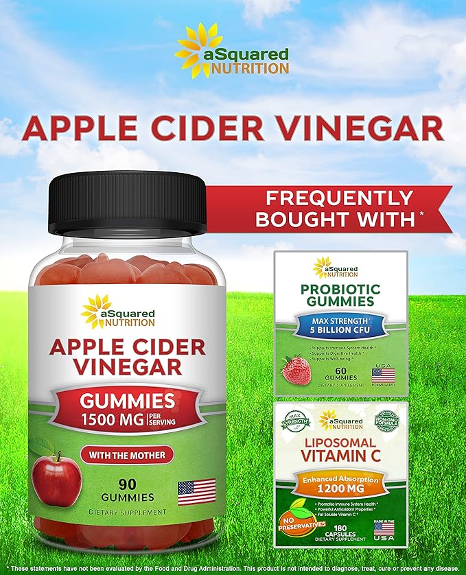 aSquared Nutrition Apple Cider Vinegar Gummies - 1500mg Per Serving - with The Mother - 90 ACV Gummies w/Vitamin B6 &amp B12 Folic Acid - Vegan Gummy Supplement Alternative to Capsules Pills &amp D