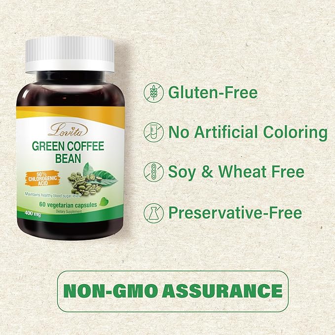 LOVITA Green Coffee Bean Extract Standardized to 50% Chlorogenic Acids 4:1 Concentrated for Metabolism Natural Antioxidant &amp Size-Reduction Support Plant-Based 180 Vegan Capsules