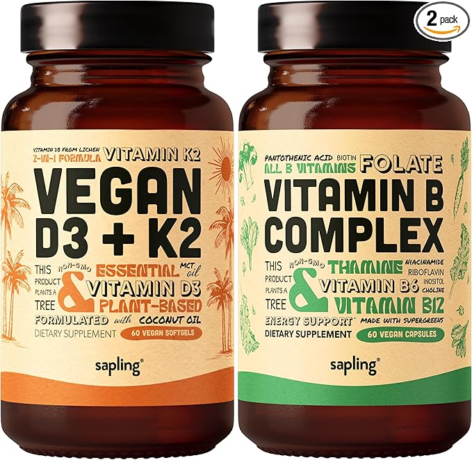 sapling Vegan Vitamin D3 + K2 &amp Vitamin B Complex Bundle - 4000 IU Vitamin D3 and 100mcg Vitamin K2 as Mk7 Essential B Vitamins with Whole Food Blend B1 B2 B3 B5 B6 B7 Folate