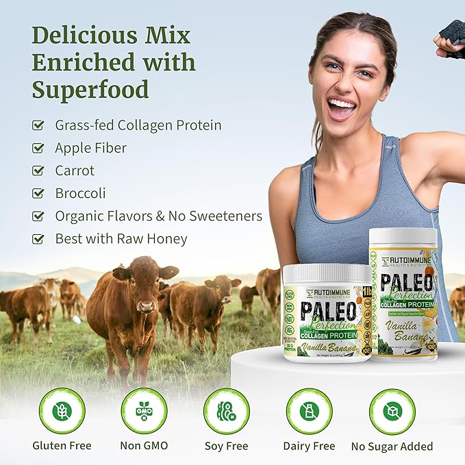 Paleo Perfection Vanilla Banana Grass Fed Beef Collagen Protein Powder without Stevia - Paleo Keto SCD AIP Protein Powder with Apple Fiber Carrot &amp Broccoli - 300g Protein Powder &amp Superfo