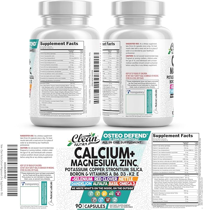 Allin1 Calcium Magnesium Zinc Supplement with Potassium Copper Strontium Silica Vitamin D3 K2 Boron Vitamin B1 B12 Red Clover Herb Alfalfa Basil Pills for Men &amp Women Clean Nutra Osteo Defen