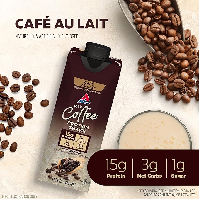 Atkins Energy Shake Creamy Caramel with Protein Gluten Free Keto-Friendly 4 Count(Pack of 3) and Atkins Café au Lait Iced Coffee Protein Shake 15g Protein Low Glycemic 3g Net Carb 1g Sugar Ket