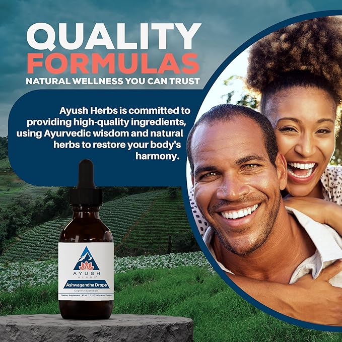Ayush Herbs Ashwagandha Drops - Ashwagandha Alcohol-Free Drops for Adults Calming Daily Supplement for Focus &amp Attention with Organic Ashwagandha Lemon Flavor - 2 Fl Oz (80 Servings)