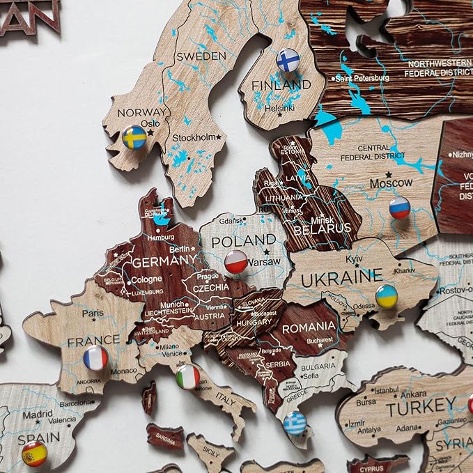 Handmade 3D Wood World Map Wall Art Large Wall Decor Track Your World Travels - Special for Home Kitchen and Office (Pins Flags Push Pins)