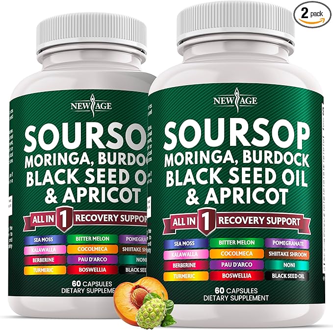 Soursop Supplement - Moringa Sea Moss Black Seed Oil Berberine Turmeric Apricot Quercetin Greens Bitters Boswellia Bitter Melon Burdock Root - 120 Capsules