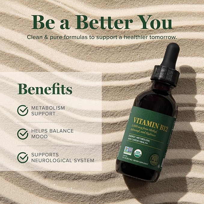 Global Healing - Organic Vitamin B12 5000 MCG Sublingual Liquid - Methylcobalamin Hydroxo Blend &amp More - Methylated Drops for Adults - Vegan Non-GMO VIT B12 Vitamins Supplement (2 Oz)