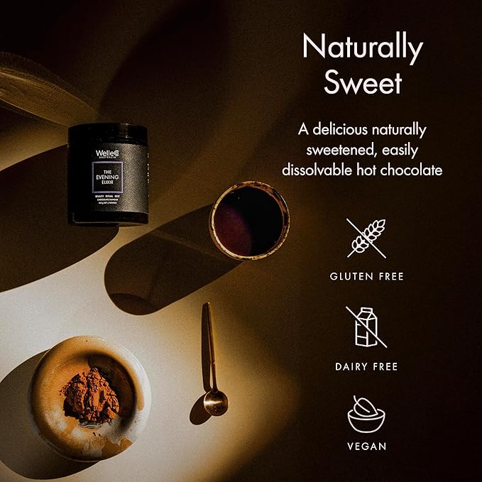 WelleCo The Evening Elixir Vitamin C Hot Chocolate Beauty Drink Mix with Niacin Lemon Balm &amp Magnesium Supports Sleep Collagen Formation &amp Skin Glow 150g (5.3 oz) Jar