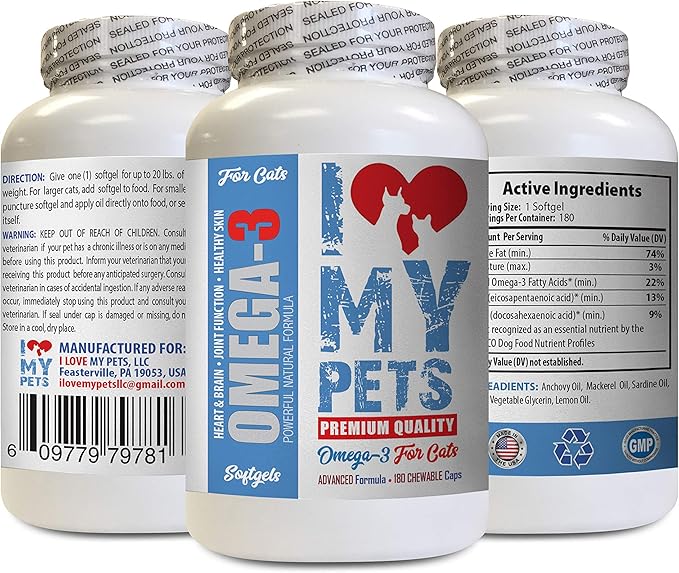 I LOVE MY PETS LLC Omega 3 cat Food - Omega 3 Fatty ACIDS for Cats - Best Health Option - Premium - Omega for Cats - 180 Softgels (1 Bottle)