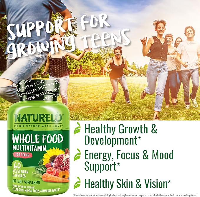 NATURELO Multivitamins for Teenage Girls/Boys 60 Capsules Whole Food Multivitamin with Minerals Non-GMO Vegetarian