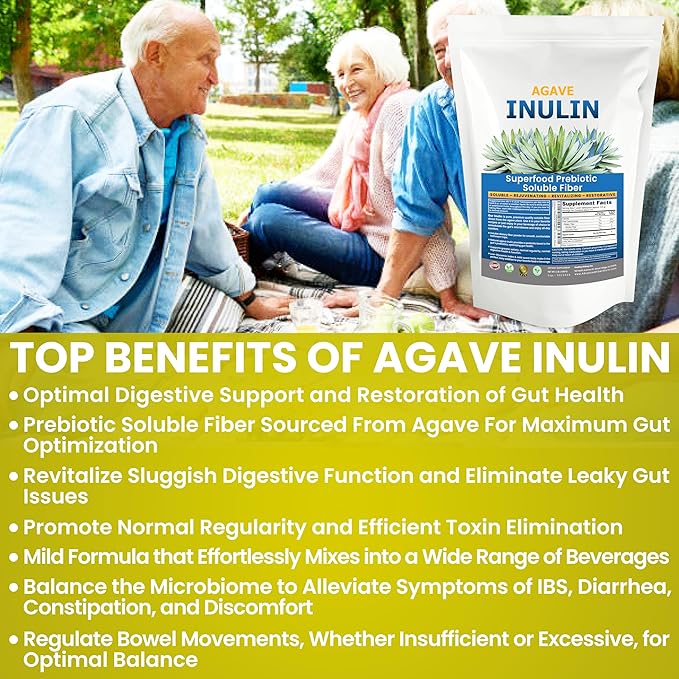 Organic Inulin Powder (48oz/3 lbs) Gentle Agave Prebiotic Soluble Fiber Supplement for Digestive Support Gut Health Vegan Baking Smoothies &amp Drinks