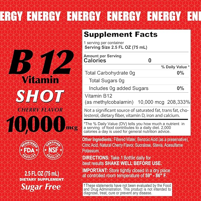 ALFA VITAMINS Vitamin B12 Energy Shot Natural Sugar Free Dietary Supplement Boosts Energy Supports Immune System Cherry Flavored Gluten Free 10000 mcg per Serving 2.0 oz Bottle 80 Pack