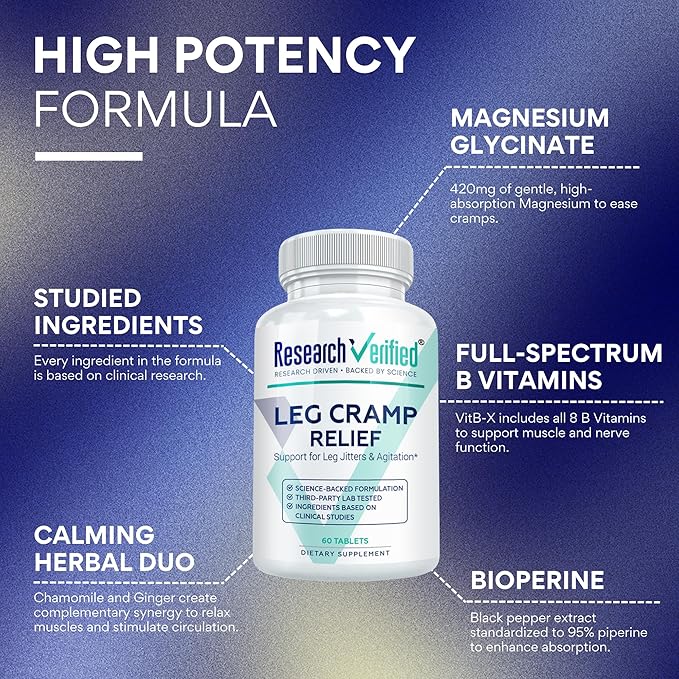 Research Verified Leg Cramps - Magnesium B Vitamins Ginger Chamomile BioPerine - Circulation Support - Vegan - 6 Month Supply