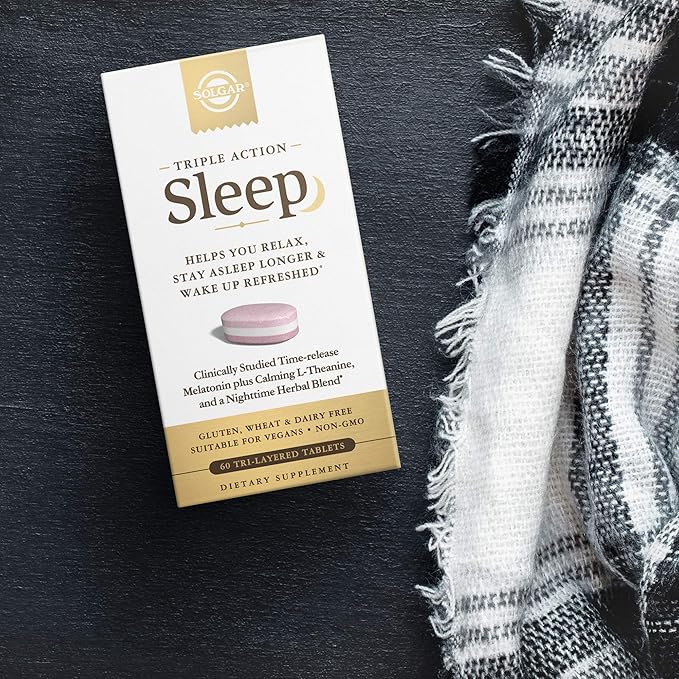 Solgar Triple Action Sleep 60 Tri-Layer Tablets - Time-Release Melatonin &amp L-Theanine Plus Herbal Blend - Helps You Relax Fall Asleep Fast &amp Stay Asleep Longer - Non-GMO Gluten Free - 60 Se