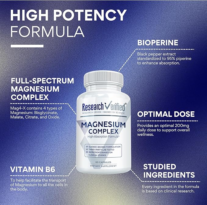 Research Verified Magnesium Complex - Brain Muscle and Nerve Support - Magnesium Bisglycinate Malate Citrate and Oxide - Bioperine - Vegan - 60 Capsules - Pack of 3
