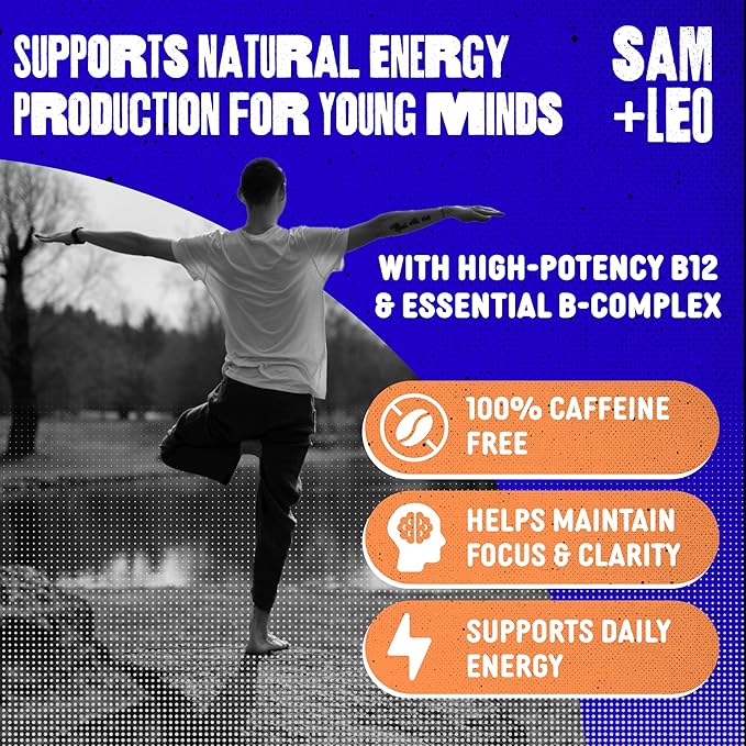 SAM+LEO Vitamin B Complex Gummies with Biotin for Kids &amp Teens - Caffeine-Free Focus &amp Energy Support Supplement Gummies | Vegan &amp Gluten Free Supplement - Strawberry Flavor (60 Count)