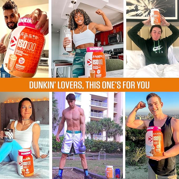Dymatize x Dunkin' Glazed Donut ISO100 Whey Protein Powder 25g of Protein 5.5g BCAAs 120 Cal. Gluten Free 1g Fat 1g Sugar 2g Carb (20 Servings)