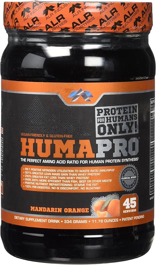 Humapro | Amino Acids Protein Matrix for Humans | 99% Utilization for Lean Muscle | Vegan Gluten Free | 334g / 45 Servings (Mandarin Orange)