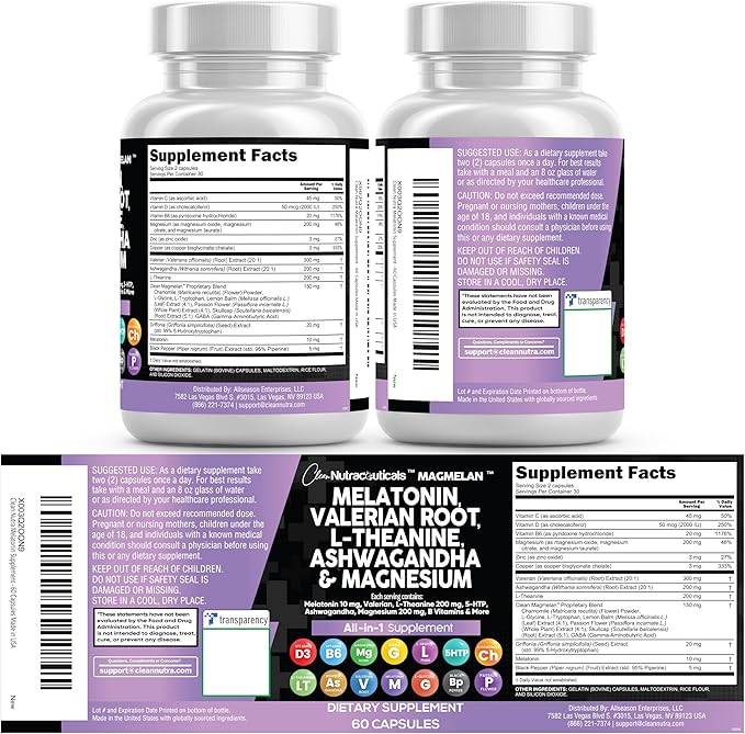 Clean Nutraceuticals Melatonin 10mg Valerian Root L Theanine 200mg Ashwagandha - Sleep Support for Women &amp Men with Magnesium Complex Lemon Balm Chamomile &amp Passion Flower - 60 Caps (Pack o