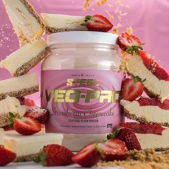 Steel Supplements Veg-PRO | Vegan Protein Powder Strawberry Cheesecake | 25 Servings (1.65lbs) | Organic Protein Powder with BCAA Amino Acid | Gluten Free | Non Dairy | Low Carb Formula