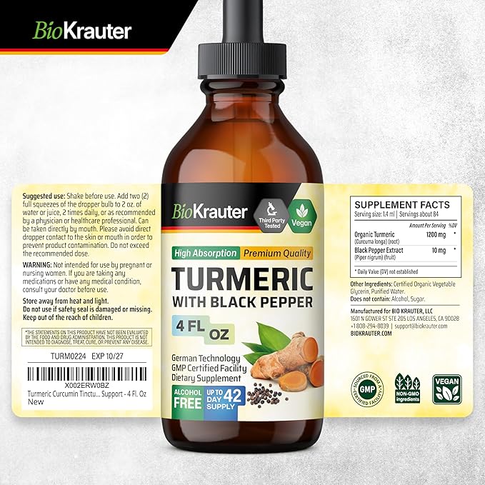 BIO KRAUTER® Turmeric Supplement for Joint Support - Pure Vegan Curcumin with Black Pepper 4 Fl.Oz 56 Days of Supply - Curcumin Drops 1200 mg for Antioxidant &amp Immune Support - Alcohol &amp Sugar