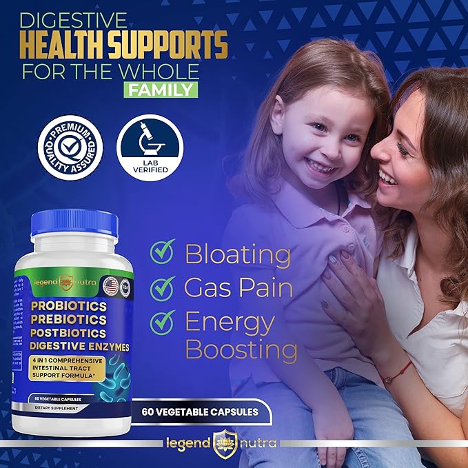 Probiotics + Prebiotics Postbiotics Digestive Enzymes = 4 in 1 Formula Supplement for Better Digestion Health Women Men and Gut 2-Pack 120 Count