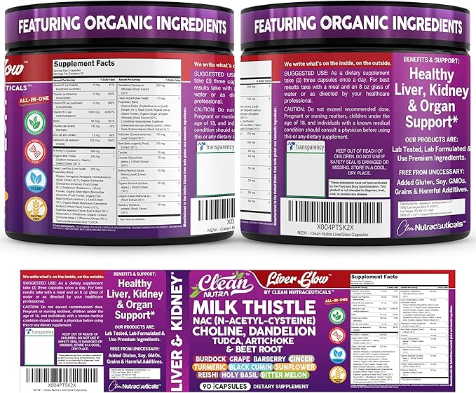 Clean Nutra Organic Milk Thistle Supplement | Liver Cleanse Detox &amp Repair + NAC Choline Dandelion Root TUDCA Artichoke Beet Root Burdock Holy Basil Kidney &amp Liver Support 90 Vegan Capsules