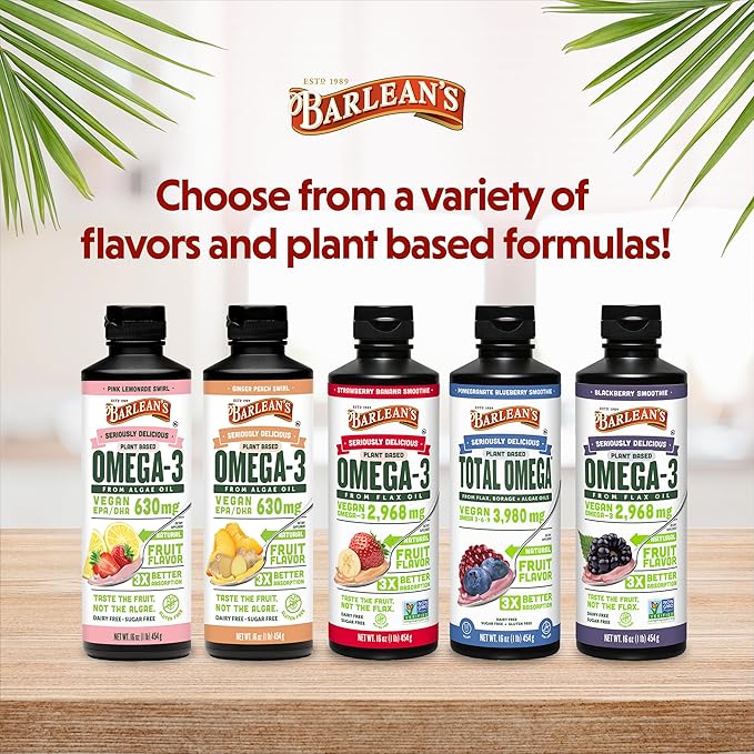 Barlean's Ginger Peach Vegan Omega 3 Supplement Liquid Algae Oil with 630 mg EPA &amp DHA Plant Based Omegas from Algal Oil Non-GMO &amp Gluten Free 16 oz